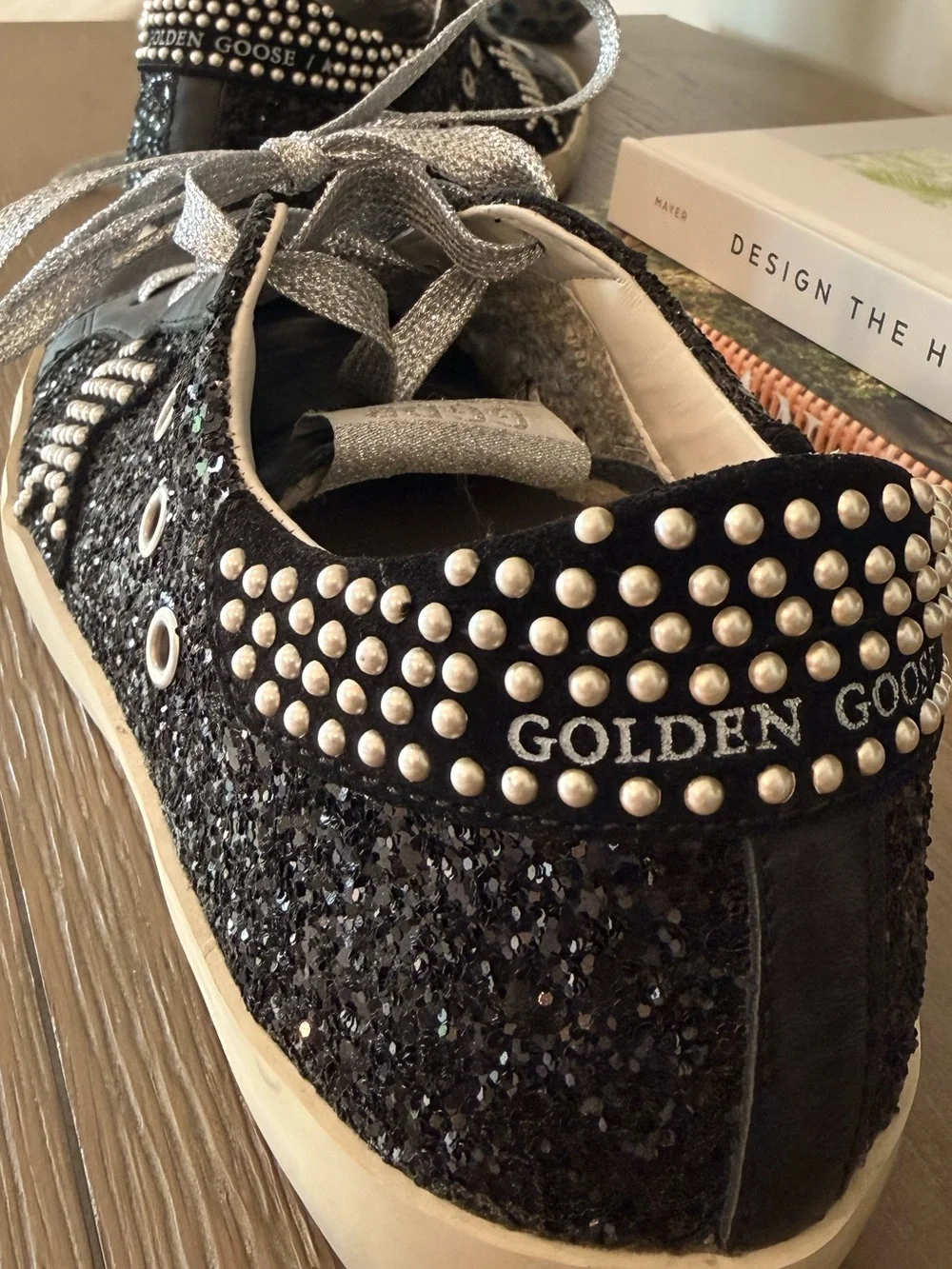 Authentic Golden goose Women’s Black Glitter Sneakers with Silver Accents